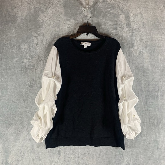 CeCe Sweaters - CeCe Women's Sweater L‎ Black Long Sleeve White Pearl Embellished Ruffled Bishop